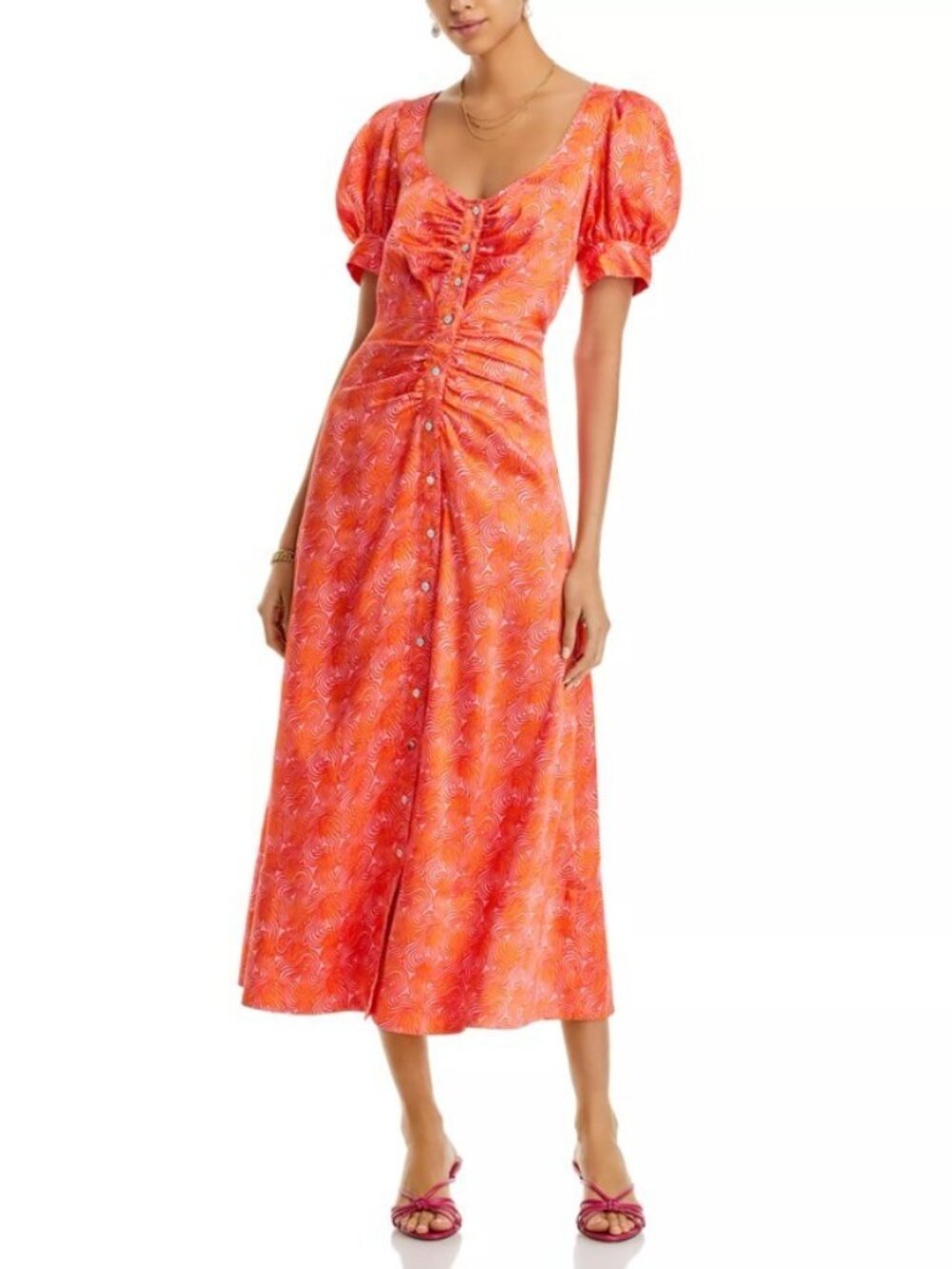 Cinq à Sept Summer Waves Ximena Puff Sleeve Midi Dress Pale Flamingo 4